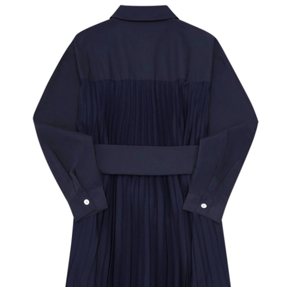 Midi Pleated Shirt Belt Navy Dress - NEW - Picture 7 of 8